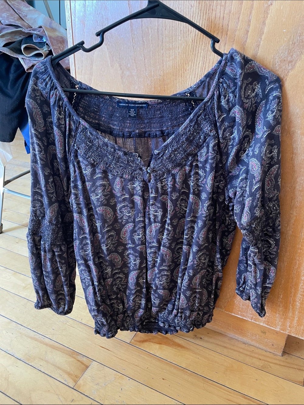 American Eagle Outfitters Black & Purple Paisley Peasant Blouse